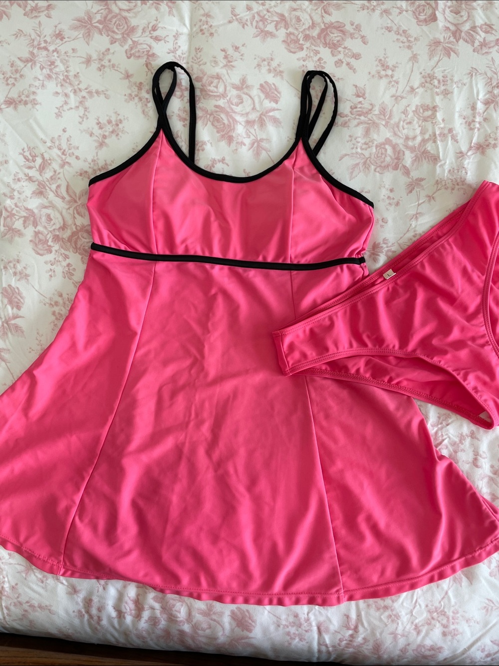 Hot Pink Women's Swim Pajama Dress with Black Trim and Matching Briefs
